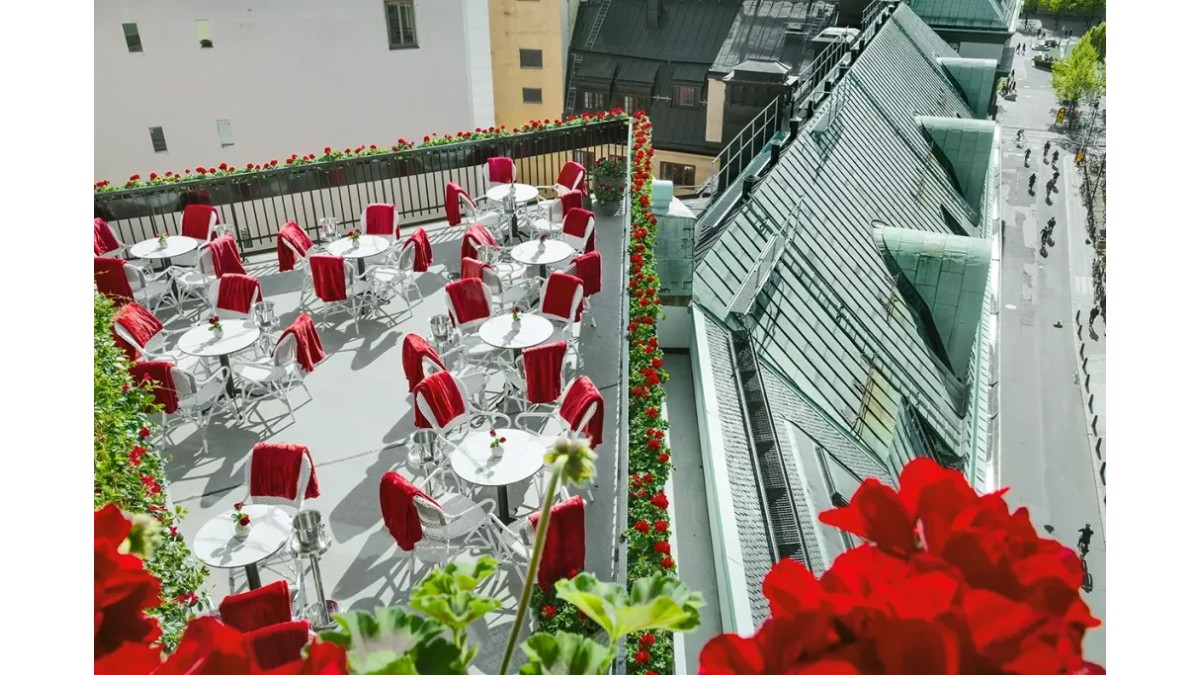 Balcony seating area at Hotel Bank
